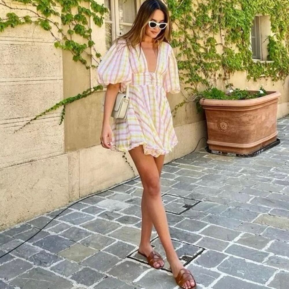 NWT For Love & Lemons Rue Puff Sleeve Mini Dress‎ in Yellow Size Small